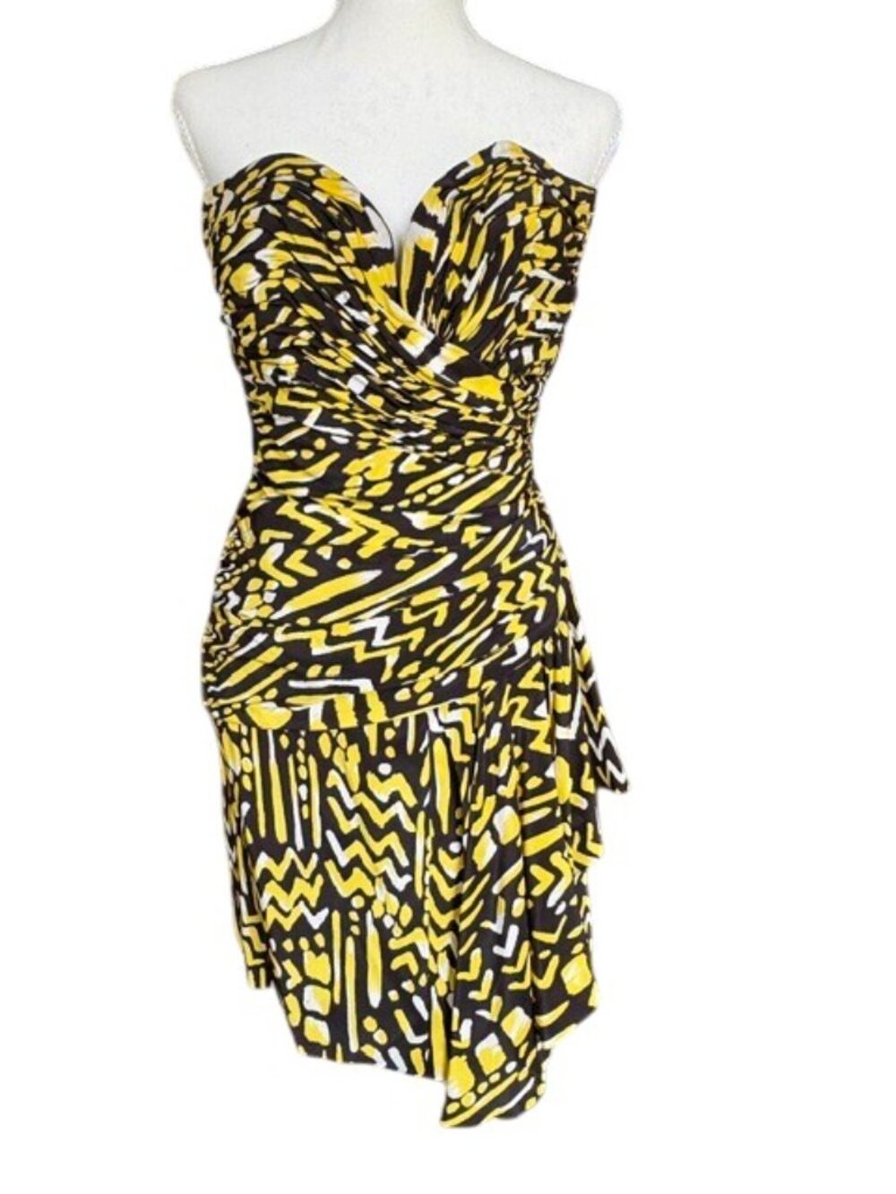 Vintage Vicky Tiel Strapless Ruched Sweetheart Cocktail Dress Graphic Print